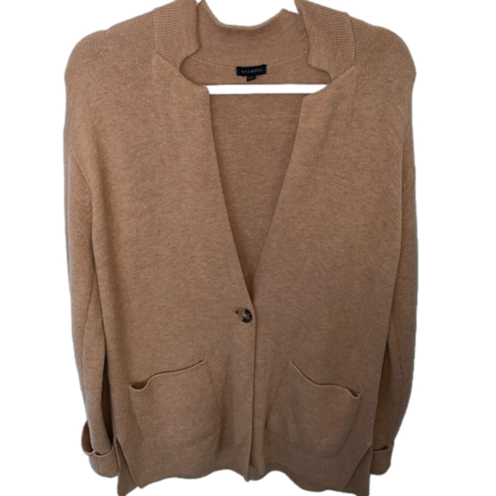 Talbots Lambswool Blend Tan Cardigan Sweater Pockets Fall Winter Cozy Size M